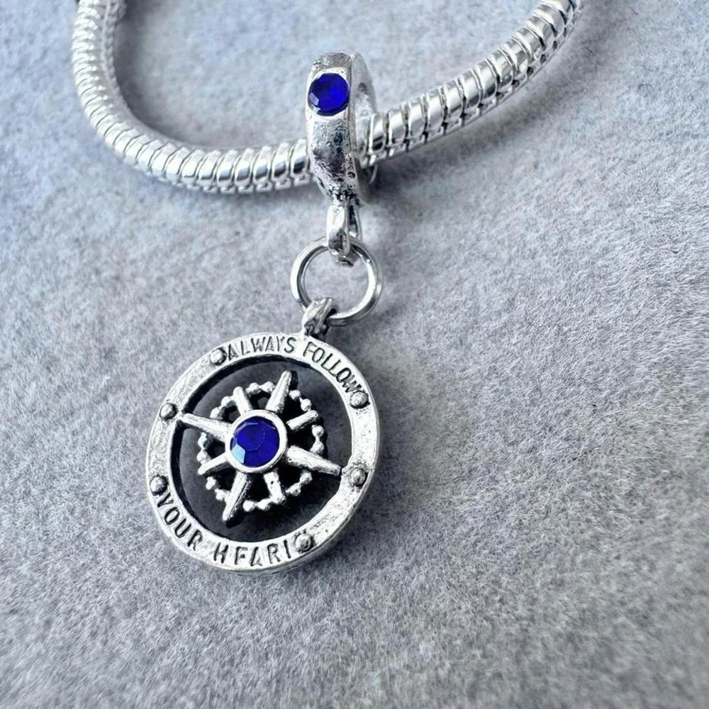 Compass Always Follow Your Heart Blue Crystal Dangle Charm fits PANDORA